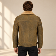 Back model view of the Bramwell Men's Dirty Brown Cross-Zip B3 Shearling Jacket