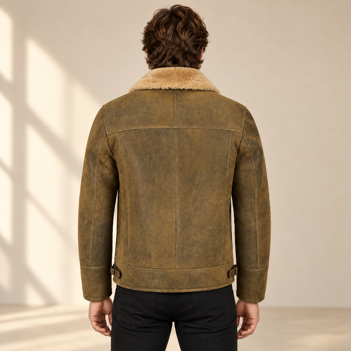 Back model view of the Bramwell Men's Dirty Brown Cross-Zip B3 Shearling Jacket