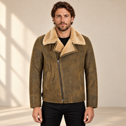 Front model view of the Bramwell Men's Dirty Brown Cross-Zip B3 Shearling Jacket