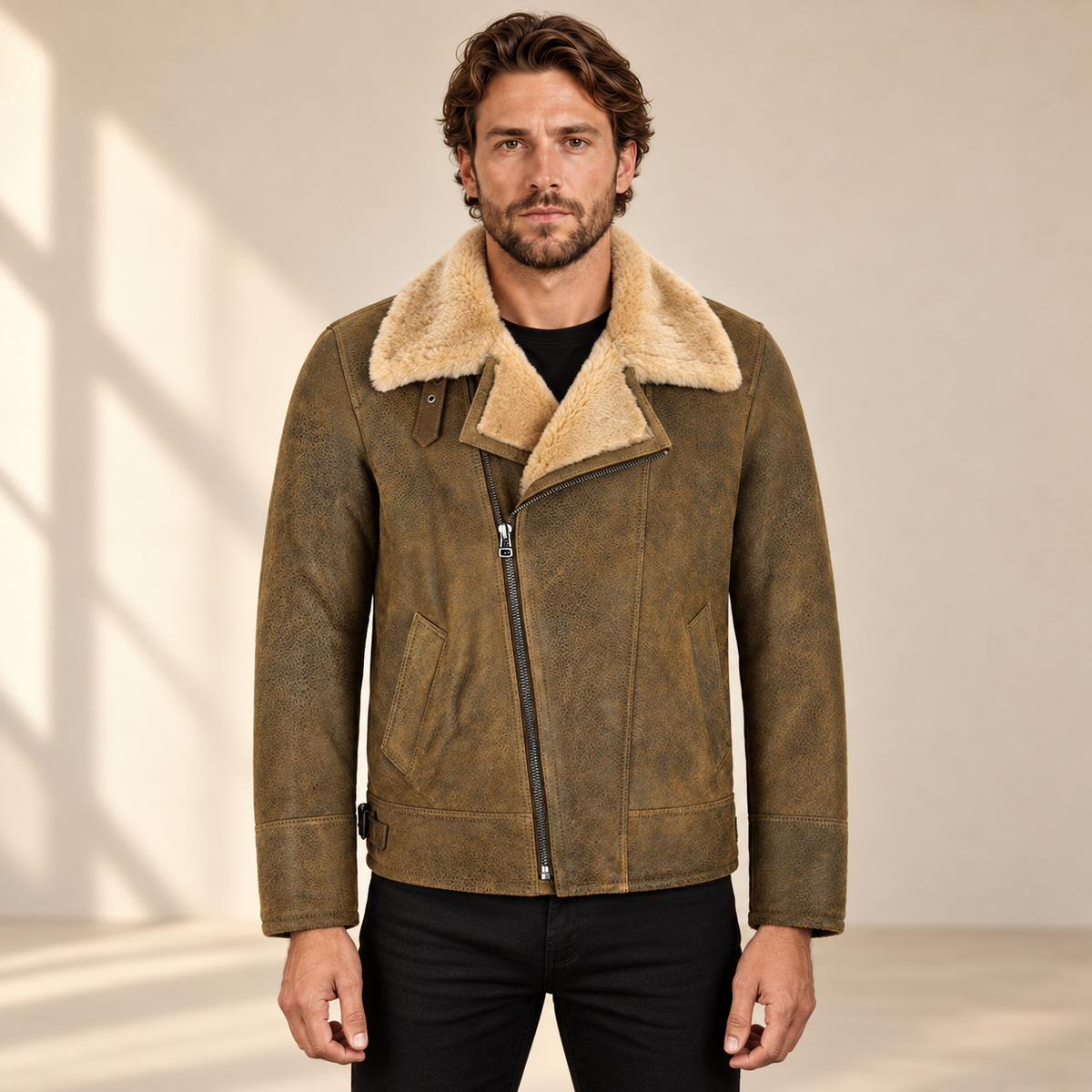 Front model view of the Bramwell Men's Dirty Brown Cross-Zip B3 Shearling Jacket