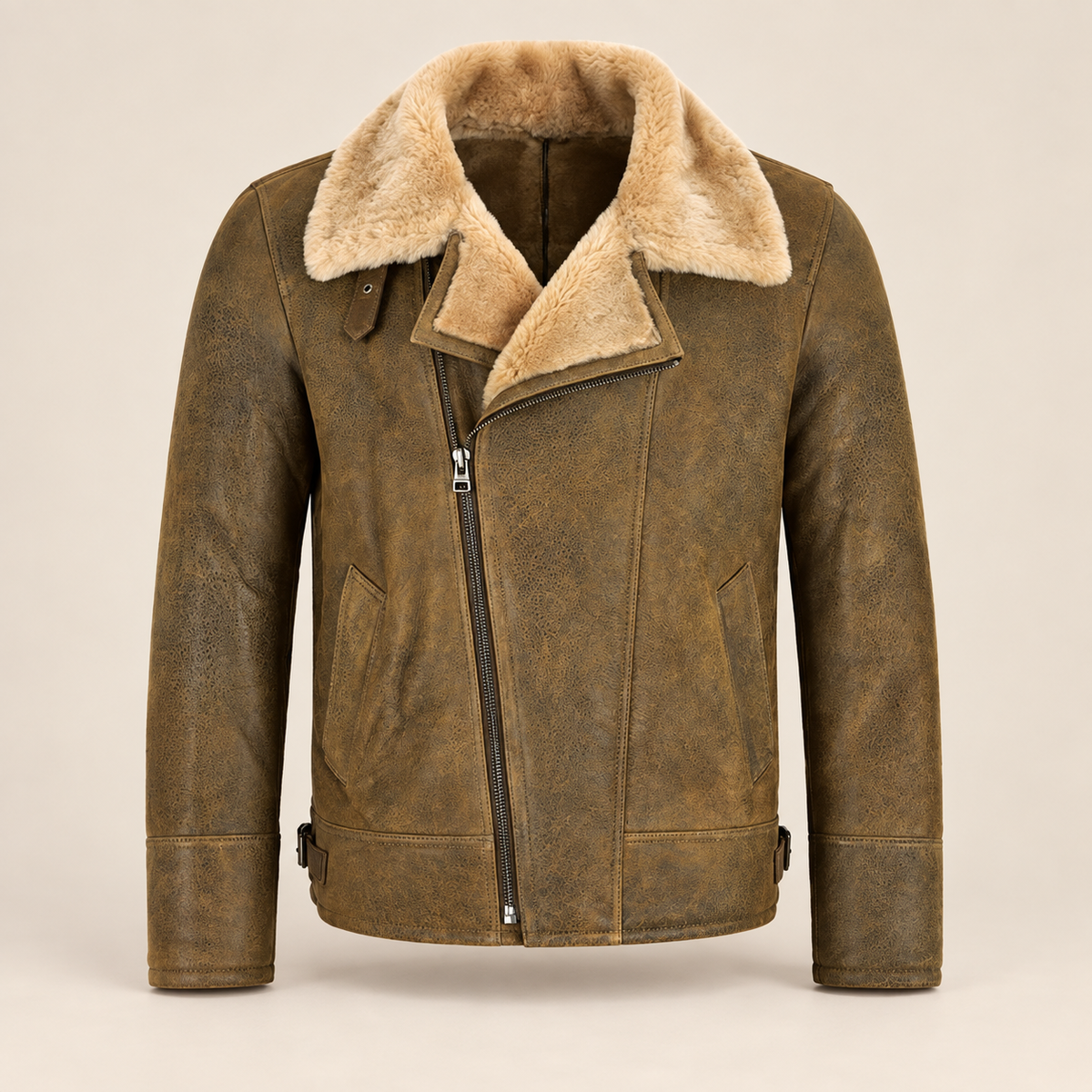 Front product view of the Bramwell Men's Dirty Brown Cross-Zip B3 Shearling Jacket
