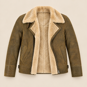 Open inner shearling view of the Bramwell Men's Dirty Brown Cross-Zip B3 Shearling Jacket