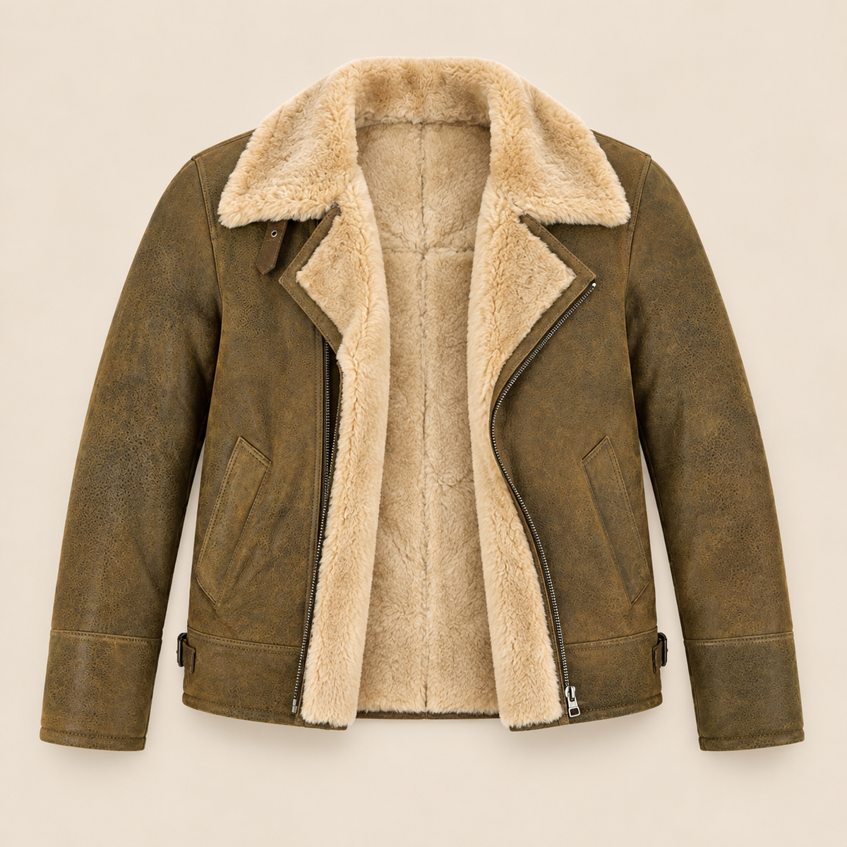 Open inner shearling view of the Bramwell Men's Dirty Brown Cross-Zip B3 Shearling Jacket