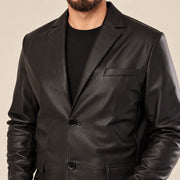 MOTOGRIP Bramwick men's Black Stitched-Lapel Sheepskin Leather Blazer, close-up of leather and construction details.