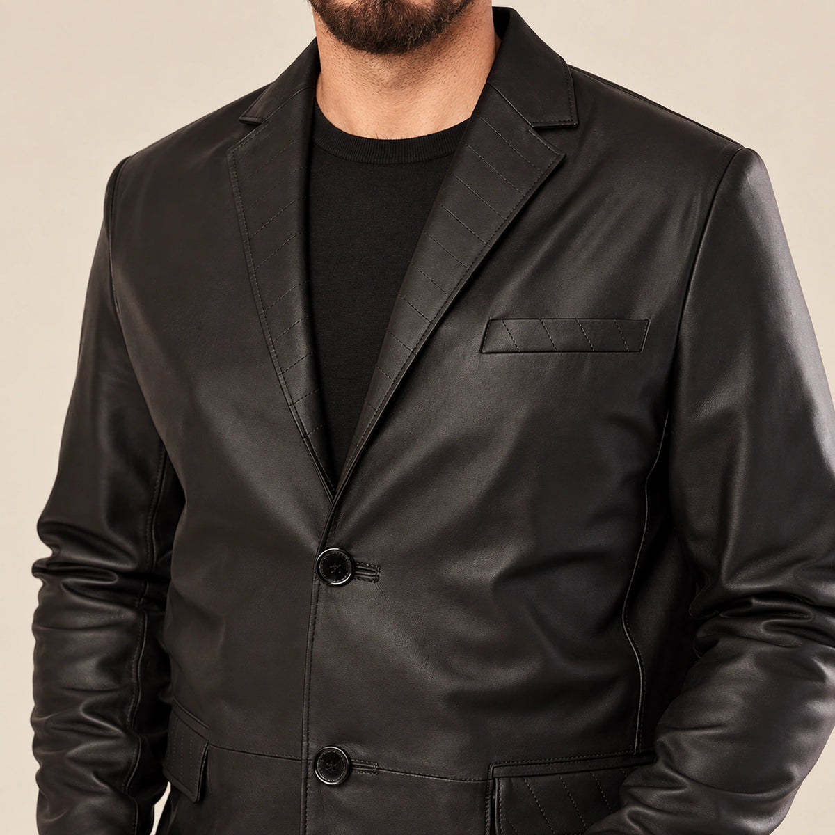 MOTOGRIP Bramwick men's Black Stitched-Lapel Sheepskin Leather Blazer, close-up of leather and construction details.