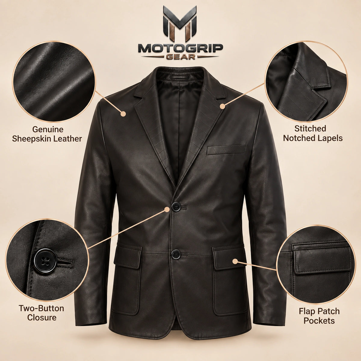 MOTOGRIP Bramwick men's Black Stitched-Lapel Sheepskin Leather Blazer, feature infographic.