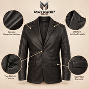 MOTOGRIP Bramwick men's Black Stitched-Lapel Sheepskin Leather Blazer, feature infographic.