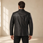 MOTOGRIP Bramwick men's Black Stitched-Lapel Sheepskin Leather Blazer, back view on a model.