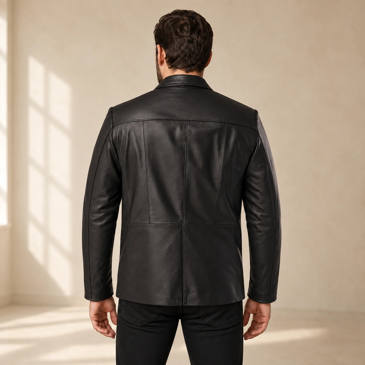 MOTOGRIP Bramwick men's Black Stitched-Lapel Sheepskin Leather Blazer, back view on a model.