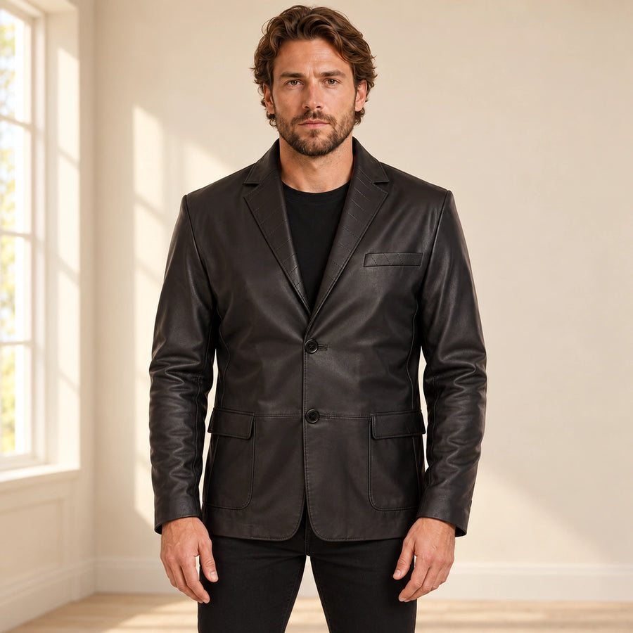 MOTOGRIP Bramwick men's Black Stitched-Lapel Sheepskin Leather Blazer, front view on a model.
