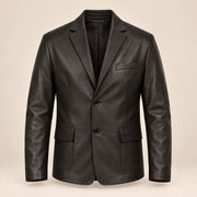 MOTOGRIP Bramwick men's Black Stitched-Lapel Sheepskin Leather Blazer, front view.