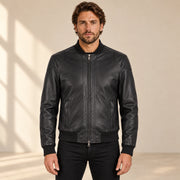 Branton Men's Classic Lambskin Leather Bomber Jacket in black front view on male model