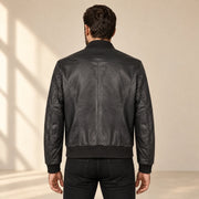Branton Men's Classic Lambskin Leather Bomber Jacket in black back view on male model