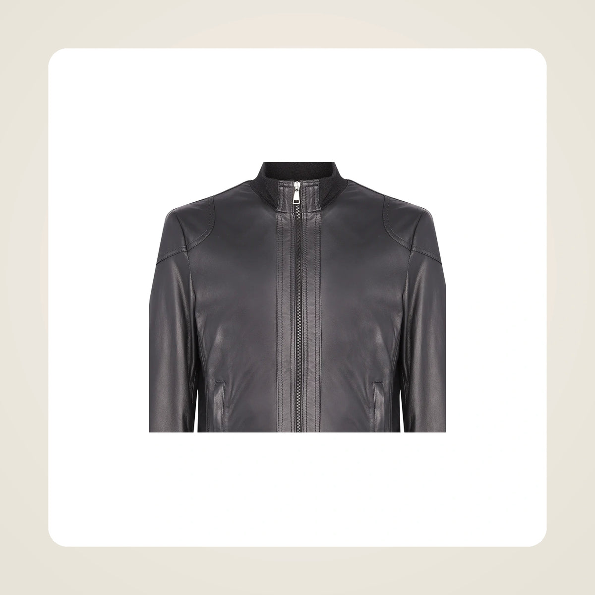 Branton Men's Classic Lambskin Leather Bomber Jacket collar zipper and leather close-up