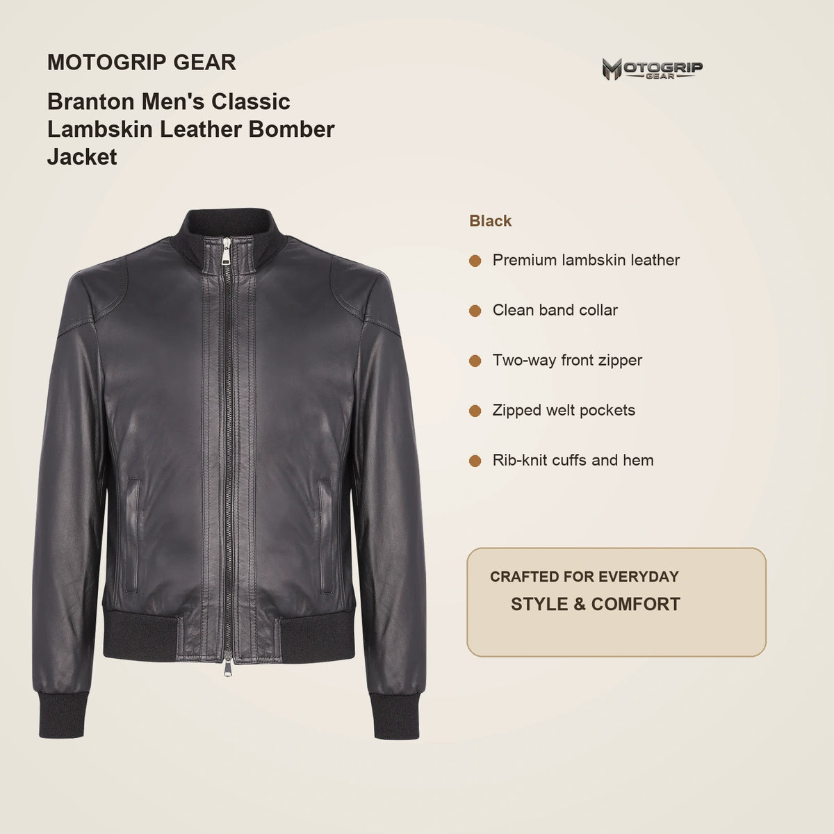 Branton Men's Classic Lambskin Leather Bomber Jacket key features