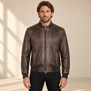 Branton Men's Classic Lambskin Leather Bomber Jacket in dark brown front view on male model