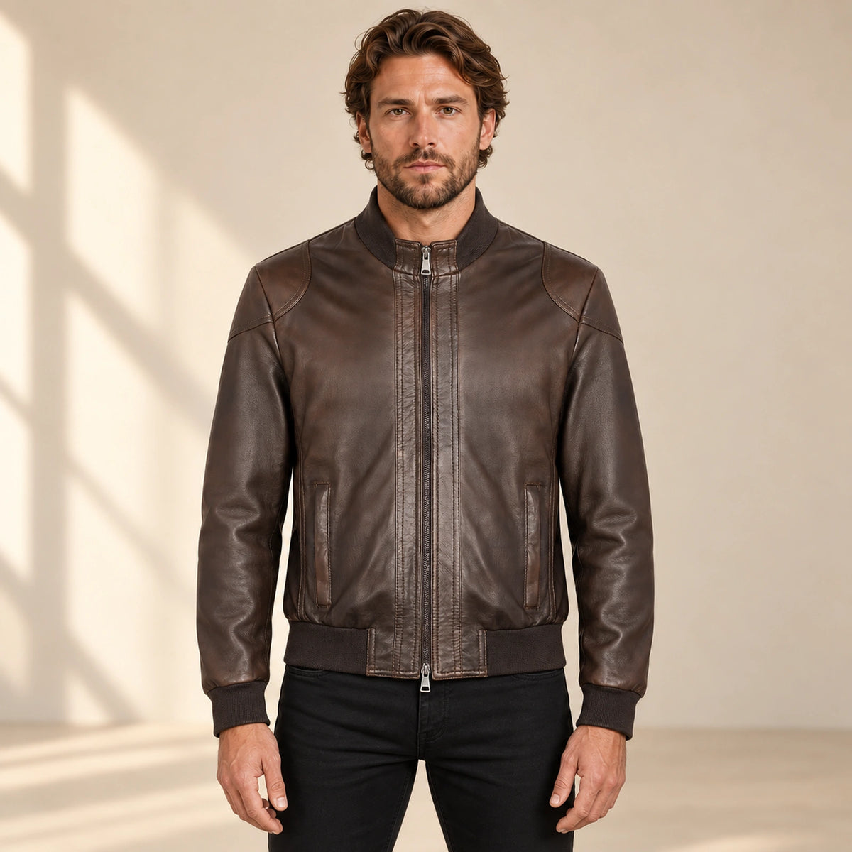 Branton Men's Classic Lambskin Leather Bomber Jacket in dark brown front view on male model