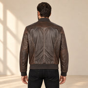 Branton Men's Classic Lambskin Leather Bomber Jacket in dark brown back view on male model