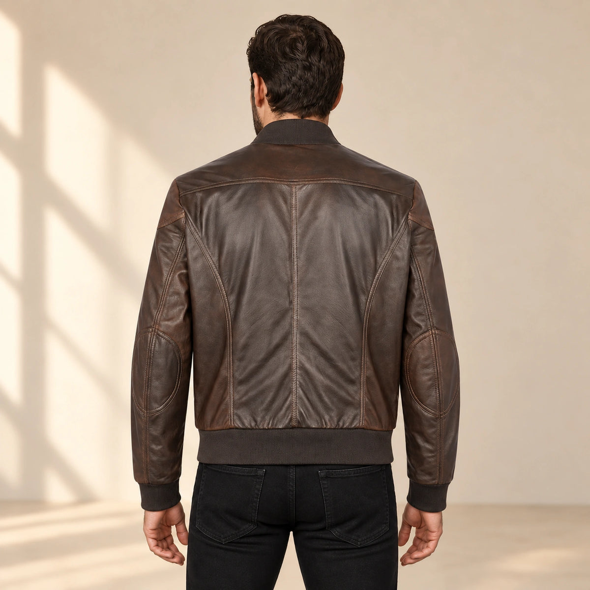Branton Men's Classic Lambskin Leather Bomber Jacket in dark brown back view on male model