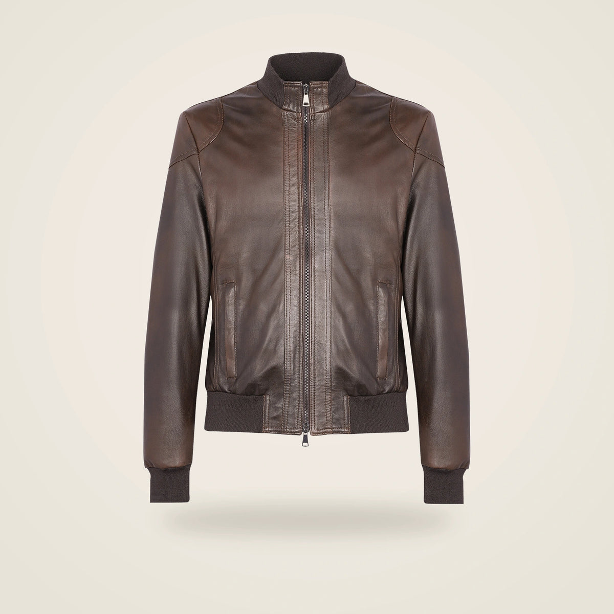 Branton Men's Classic Lambskin Leather Bomber Jacket in dark brown product front