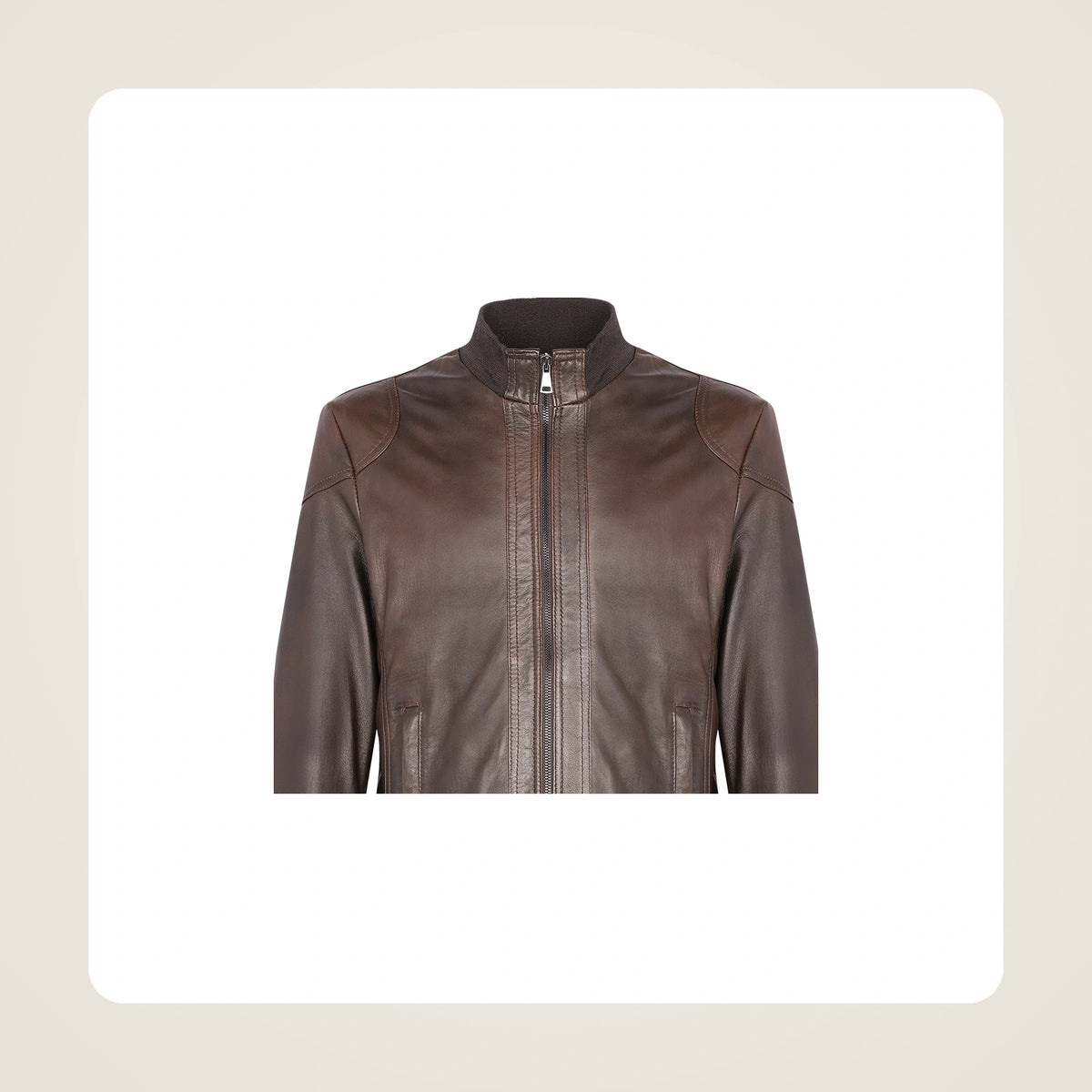Branton Men's Classic Lambskin Leather Bomber Jacket collar zipper and leather close-up