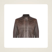 Branton Men's Classic Lambskin Leather Bomber Jacket collar zipper and leather close-up