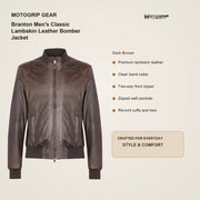Branton Men's Classic Lambskin Leather Bomber Jacket key features