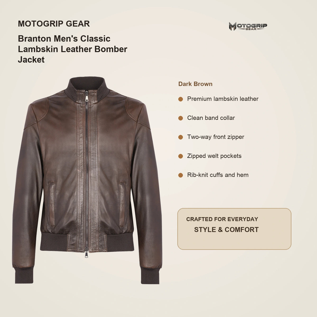 Branton Men's Classic Lambskin Leather Bomber Jacket key features