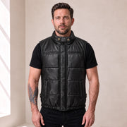 Braywick men's black genuine leather bubble puffer vest, modeled front view