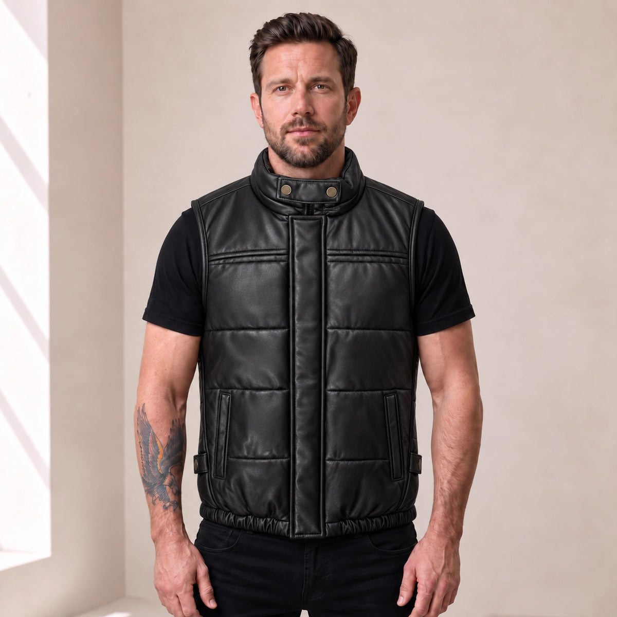 Braywick men's black genuine leather bubble puffer vest, modeled front view