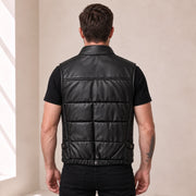 Braywick men's black genuine leather bubble puffer vest, modeled back view