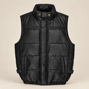 Braywick men's black genuine leather bubble puffer vest, product front view