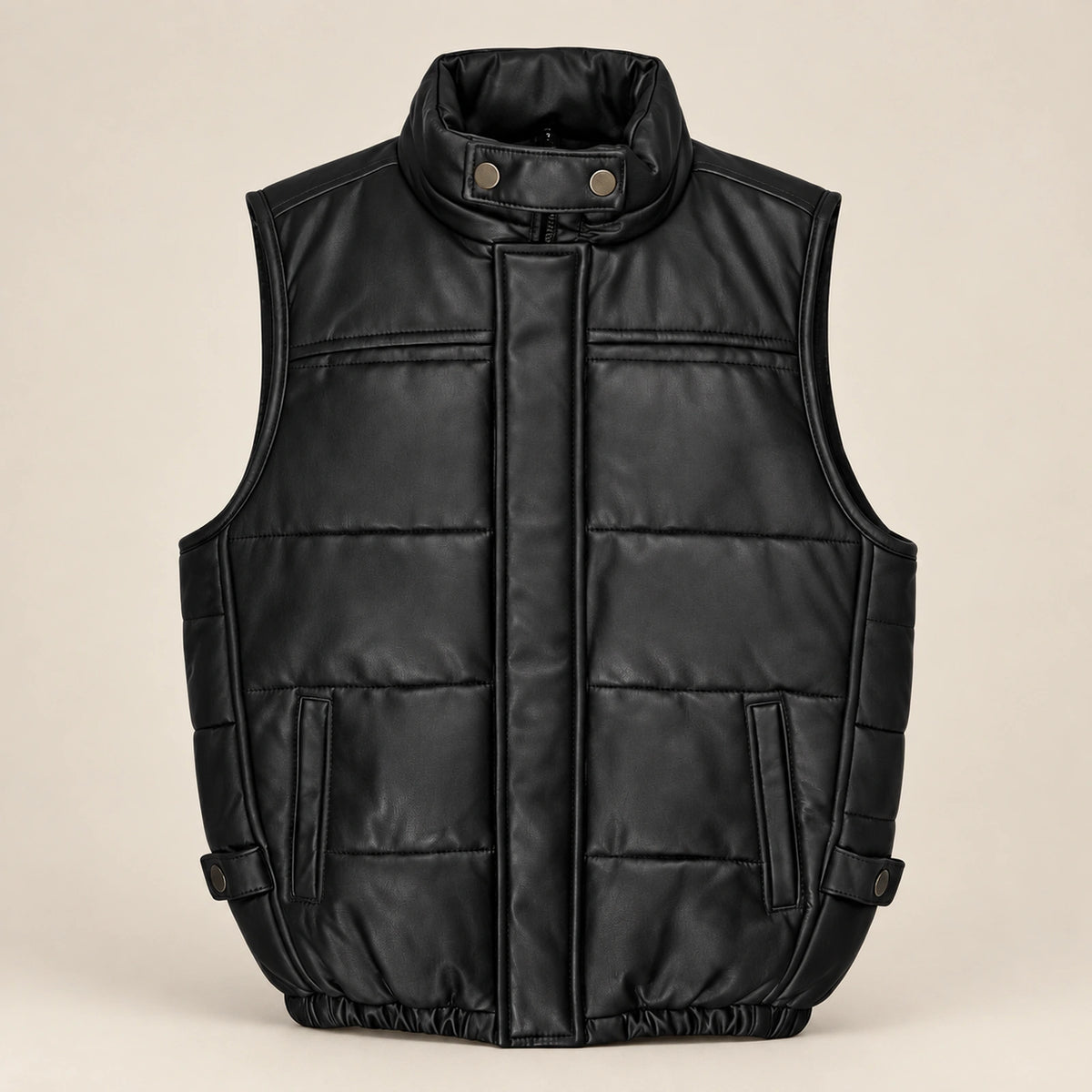 Braywick men's black genuine leather bubble puffer vest, product front view