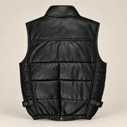 Braywick men's black genuine leather bubble puffer vest, product back view