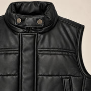 Braywick men's black genuine leather bubble puffer vest, collar, leather grain and padded panel close-up