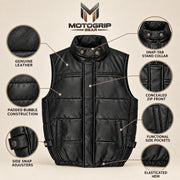 Braywick men's black genuine leather bubble puffer vest, feature infographic