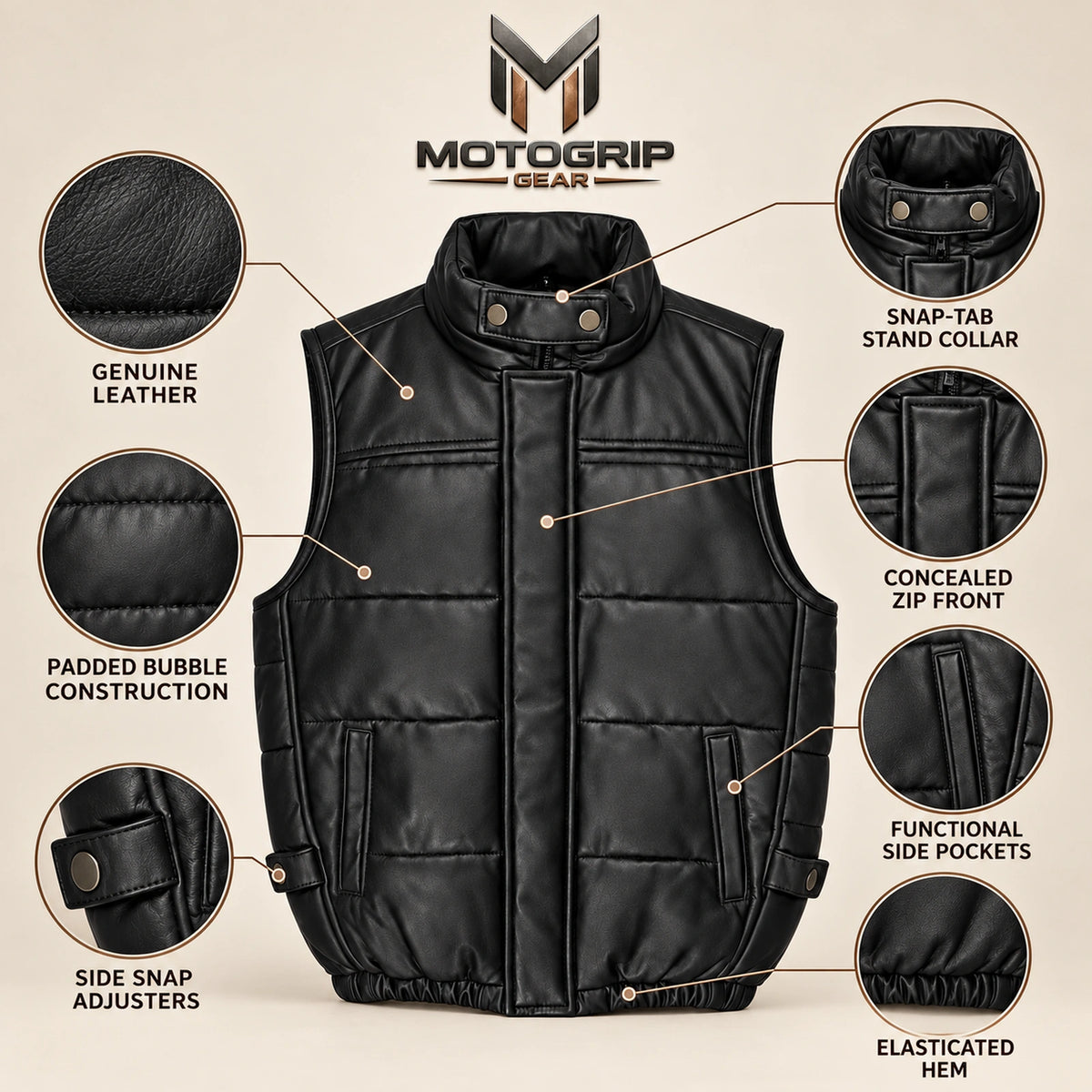 Braywick men's black genuine leather bubble puffer vest, feature infographic