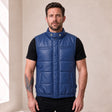 Braywick men's blue genuine leather bubble puffer vest, modeled front view