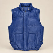 Braywick men's blue genuine leather bubble puffer vest, product front view