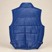 Braywick men's blue genuine leather bubble puffer vest, product back view