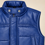 Braywick men's blue genuine leather bubble puffer vest, collar, leather grain and padded panel close-up