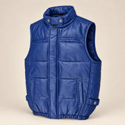 Braywick men's blue genuine leather bubble puffer vest, feature infographic