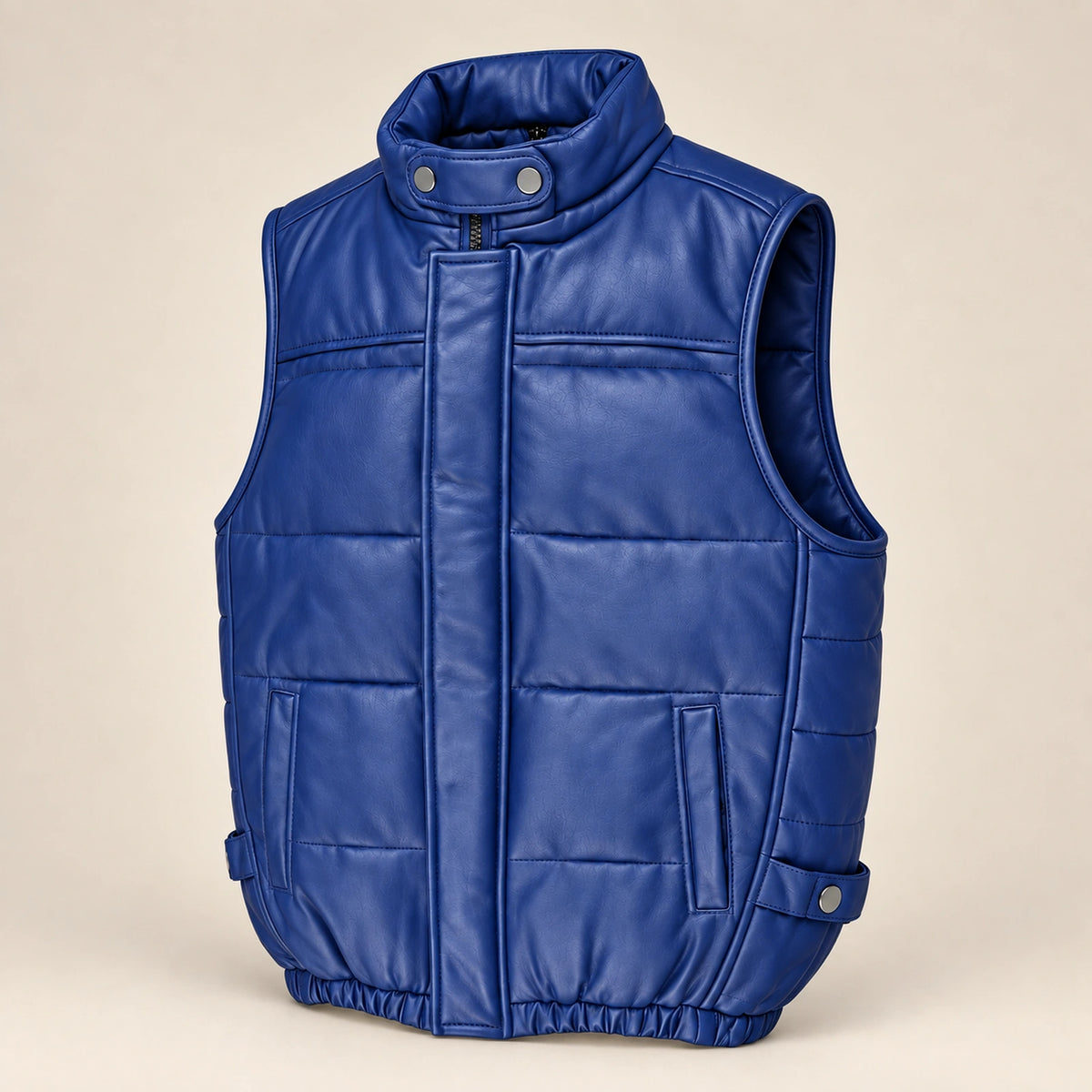 Braywick men's blue genuine leather bubble puffer vest, feature infographic