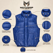 Braywick men's blue genuine leather bubble puffer vest, three-quarter product view