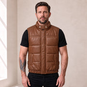 Braywick men's cognac genuine leather bubble puffer vest, modeled front view