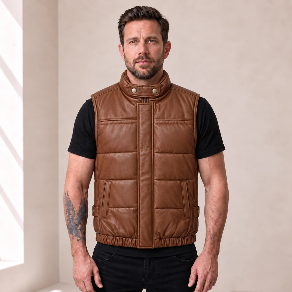 Braywick men's cognac genuine leather bubble puffer vest, modeled front view