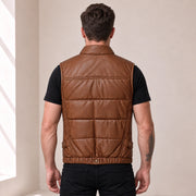 Braywick men's cognac genuine leather bubble puffer vest, modeled back view