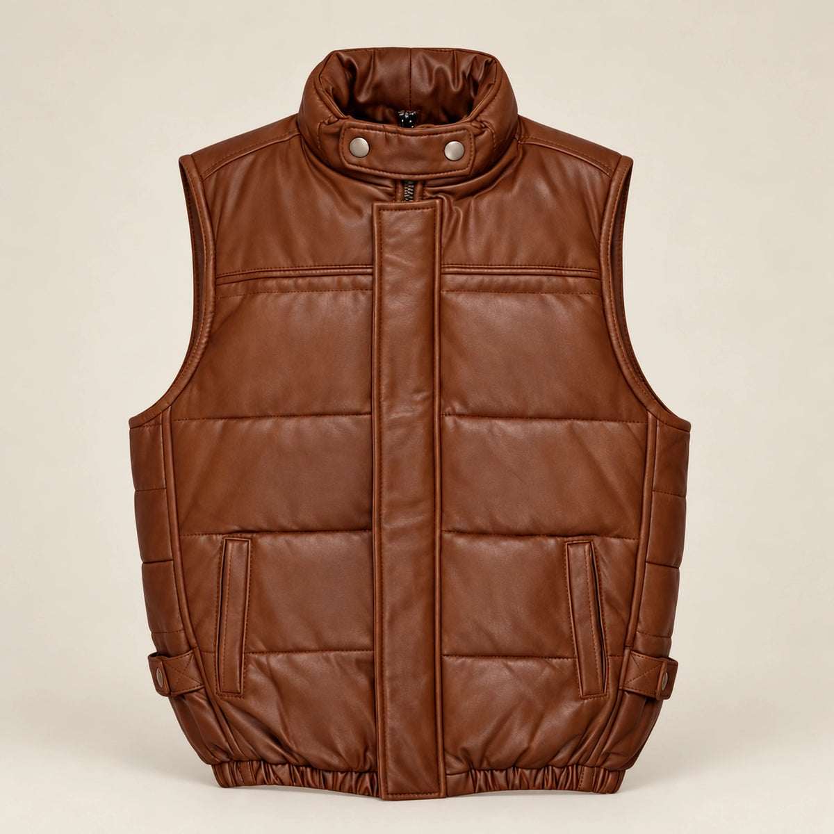 Braywick men's cognac genuine leather bubble puffer vest, product front view