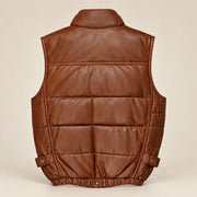 Braywick men's cognac genuine leather bubble puffer vest, product back view