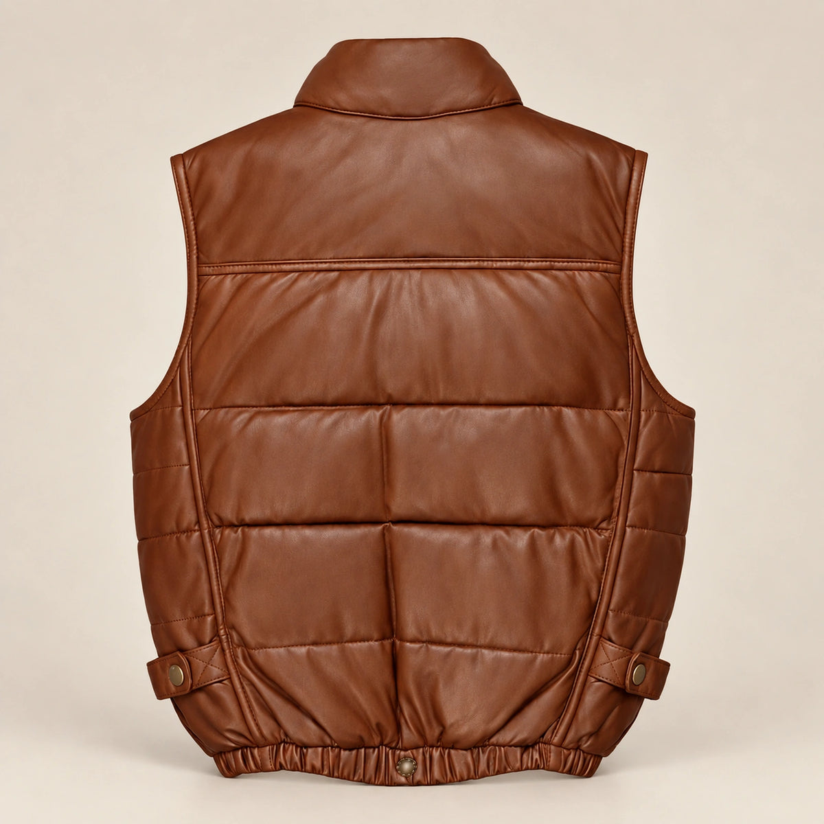 Braywick men's cognac genuine leather bubble puffer vest, product back view